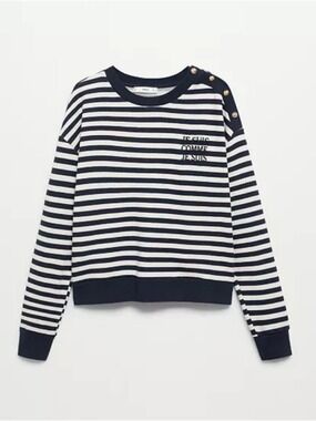 MANGO | Nautical sweatshirt buttoned Shoulder Navy White Striped Sz S